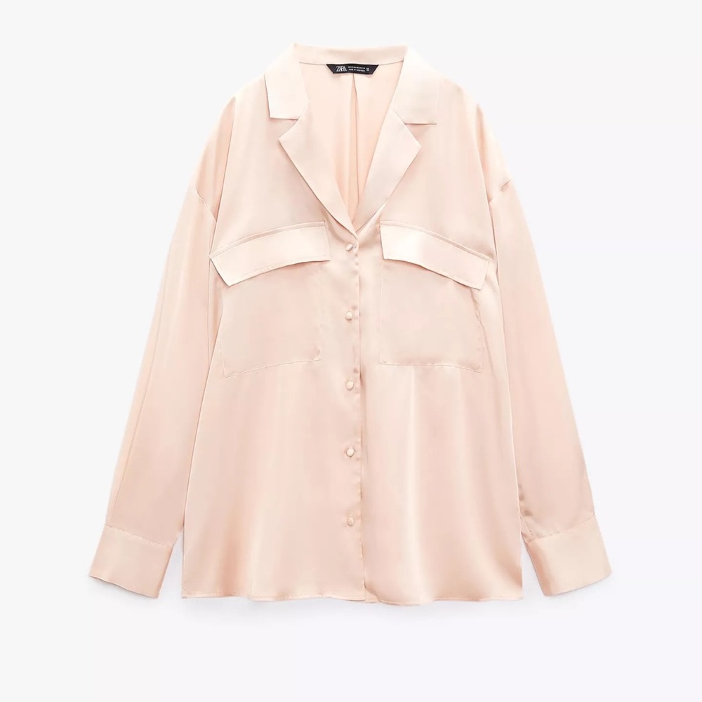 NWT ZARA SATIN EFFECT PEACH BUTTON DOWN SHIRT M